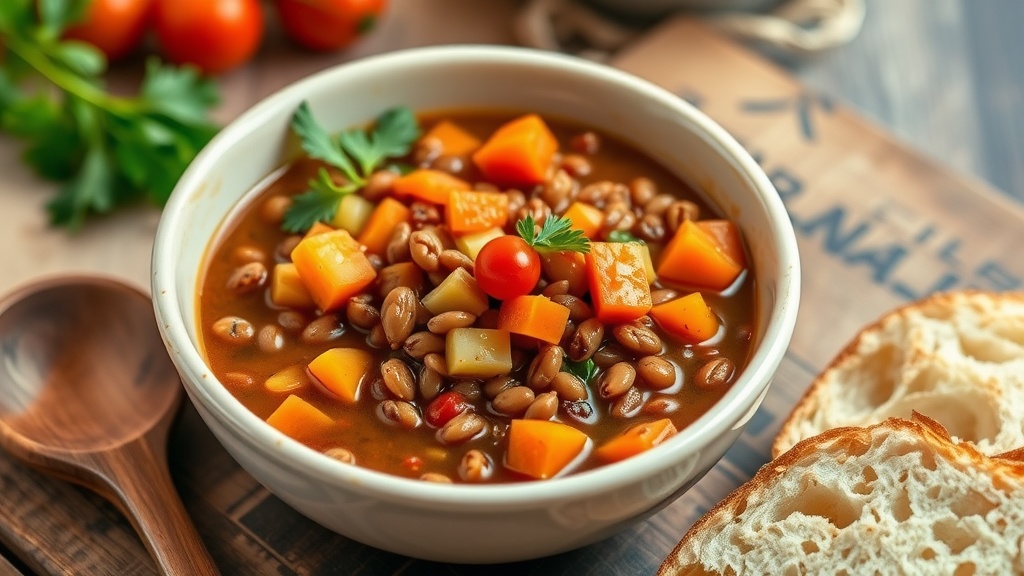 Hearty Lentil Stew With Vegetables A bowl of hearty lentil stew with carrots, celery, and tomatoes, garnished with parsley, on a rustic table with bread.